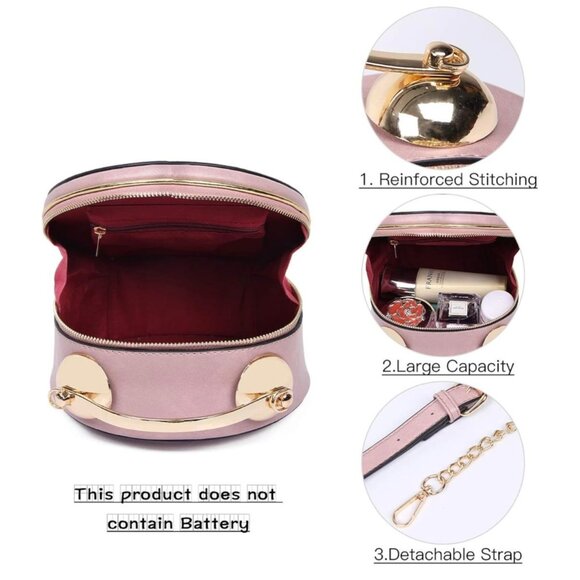 Round Pink Faux Leather Crossbody Purse Functional Clock Face Design Gold Accent - Picture 6 of 7